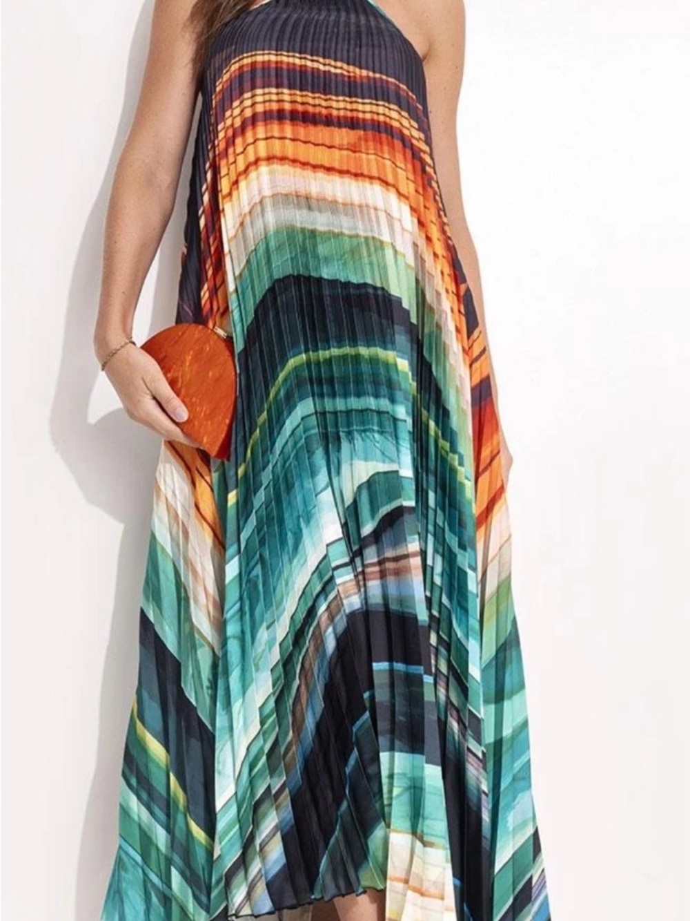 FARM Rio Halter Pleated Maxi Dress in Teal, Orange & Black Stripe